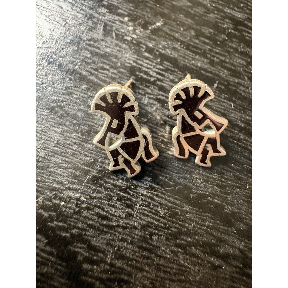 Vintage Sterling Silver Kokopelli Inlay Post Earrings Southwest Design 3.65g
